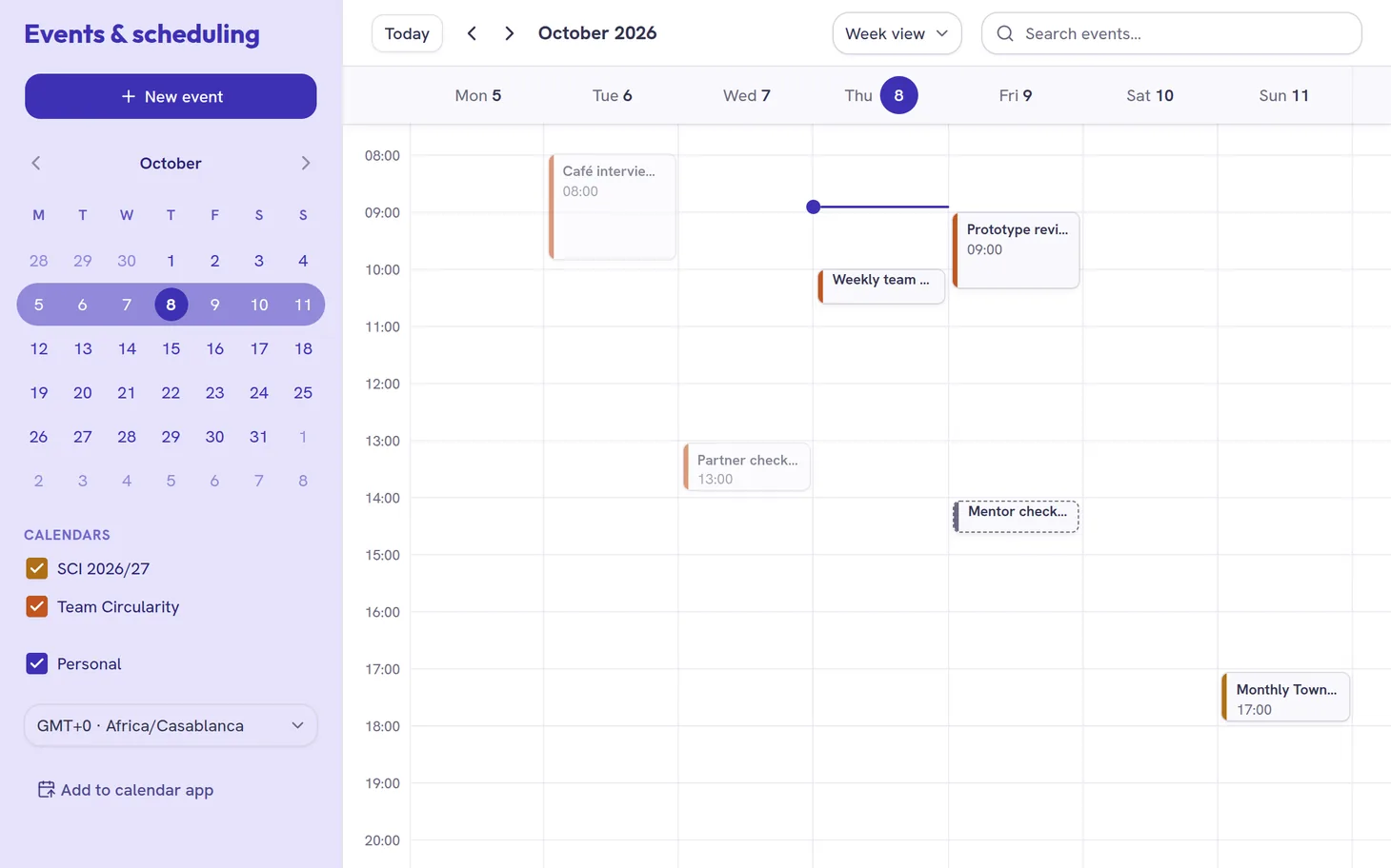 Week view of the calendar with team, programme and personal events, colour-coded by space