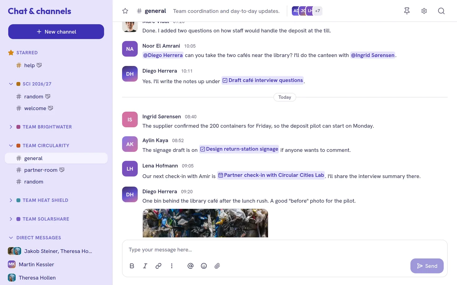 Team Circularity's #general channel: messages that mention teammates, link to a planner task and an event, and share a photo