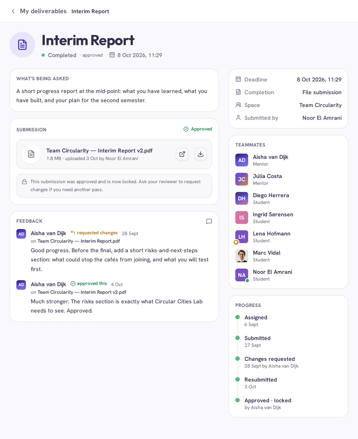 Interim Report deliverable with the mentor's feedback thread and the full review timeline, from assigned to approved
