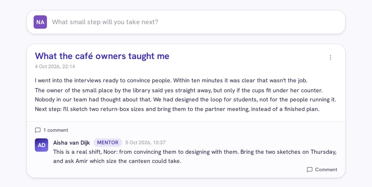 Service Learning Diary entry by a student with a comment from the team mentor
