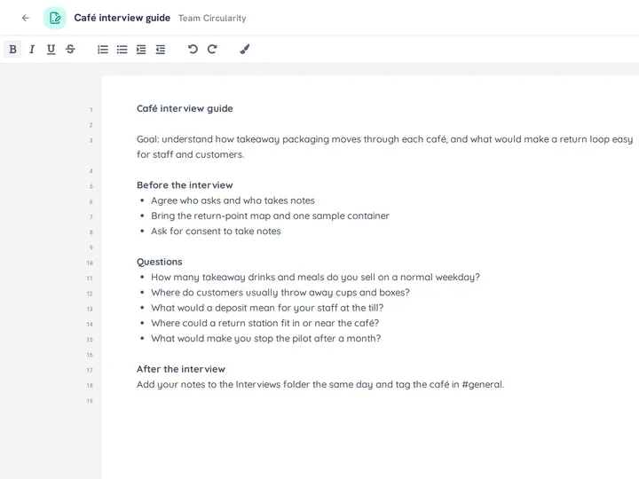 A live document, Café interview guide, open in the team's files
