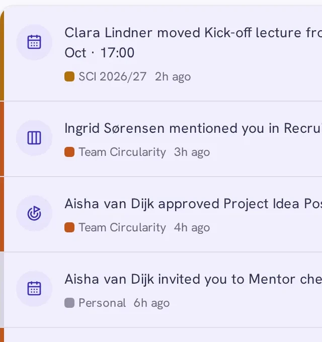 Activity feed: Clara Lindner moved the Kick-off lecture, Ingrid Sørensen mentioned you in a task, Aisha van Dijk approved the Project Idea Poster and invited you to a mentor check-in