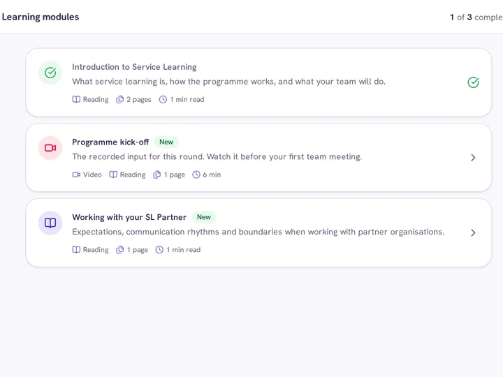 The learning module library with reading and video modules, one marked complete