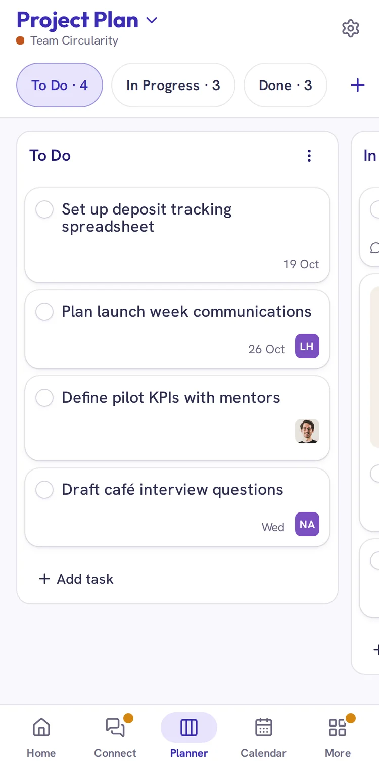 A task board on a phone, showing one column at a time