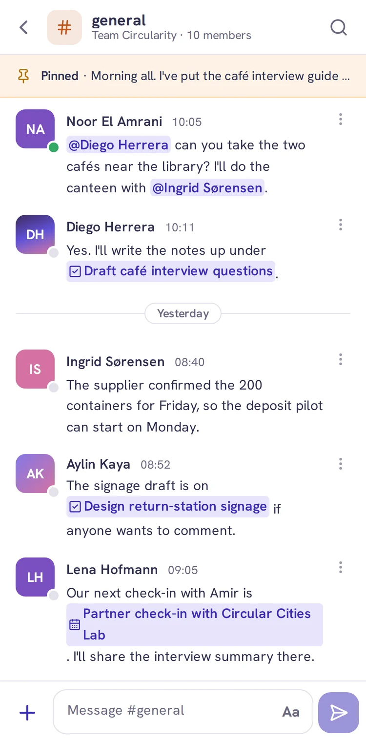 A team channel on a phone: messages that mention teammates and link to a task and an event
