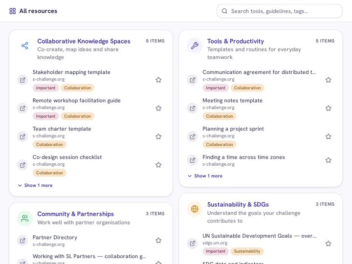 Tools and resources grouped by category, with tags and favourites